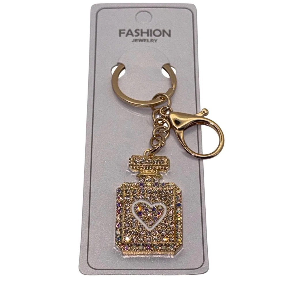 Sparkling Rhinestone Perfume‎ Bottle Keychain Gold Tone Heart Charm Fashion